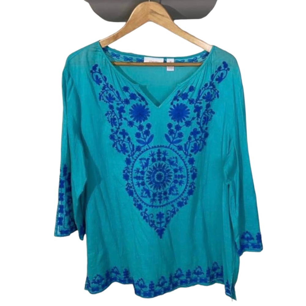 Chico's Blue Embroidery Blouse Top V-neck Women's Size L/XL